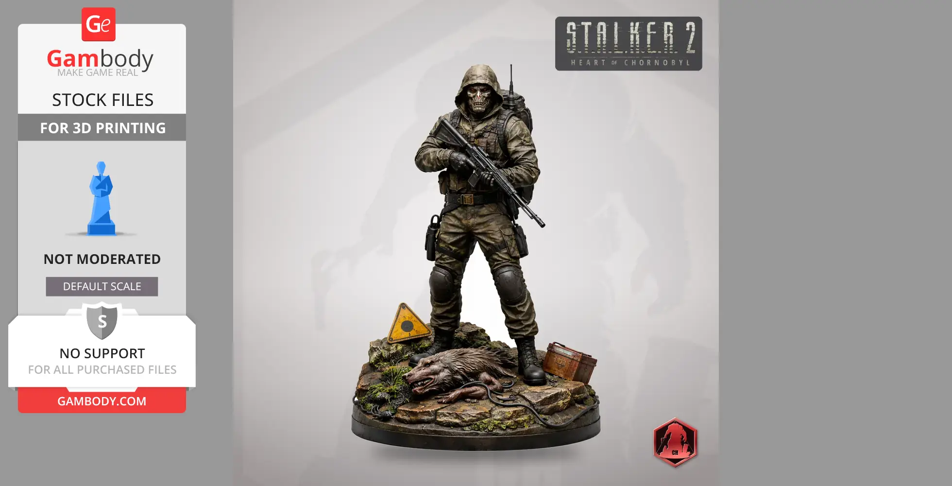 Armored figure with rifle atop rocky base, featuring a mutant creature and warning sign.