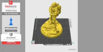 A detailed 3D model of an armored character holding a weapon, standing on a base with a creature.