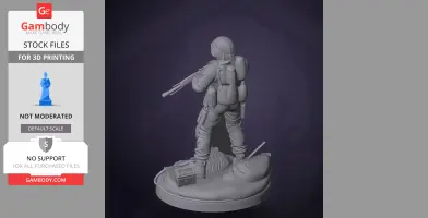 A detailed soldier figure with gear, standing on a base with various objects, for 3D printing.