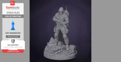 A hooded figure with a rifle stands on a base with debris and a creature, ready for 3D printing.