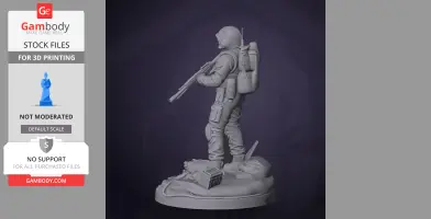 Armed soldier figure in tactical gear with backpack, standing on a base with detailed terrain elements.