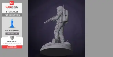 Armored figure with helmet and backpack, holding a rifle, on a round base. Suitable for 3D printing.