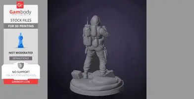 A 3D model of a character in tactical gear with backpack, standing on a base with scattered items.