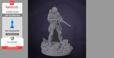 Armed soldier in tactical gear on a detailed base with a mutant beast, ready for 3D printing.