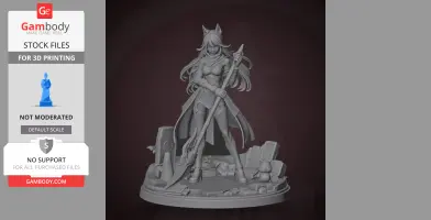 A 3D model of a character with cat ears, holding a spear, standing on a detailed base with rocks and debris.