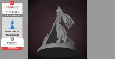 A detailed 3D figurine of a character with long hair holding a staff, standing on a round base.