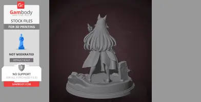 A 3D model of a character with long hair and a cloak standing on a detailed base with rocks.