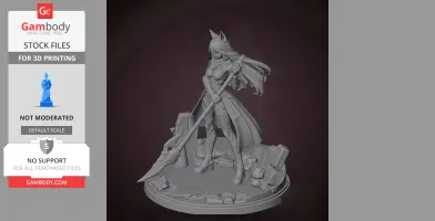 A detailed 3D model of a character with long hair, holding a spear, standing on a themed base with rubble.