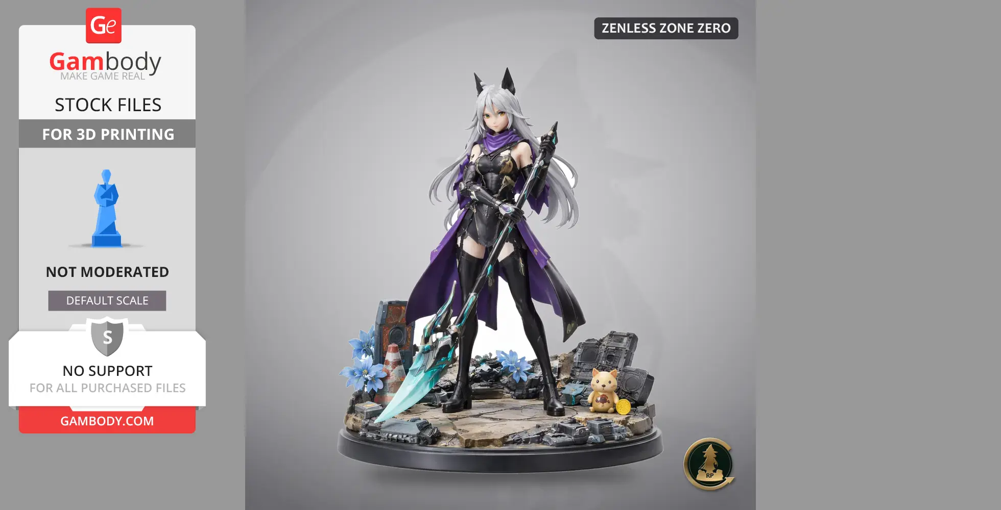 Anime-style character with long hair, holding a spear, in a detailed outfit, surrounded by debris and flowers.