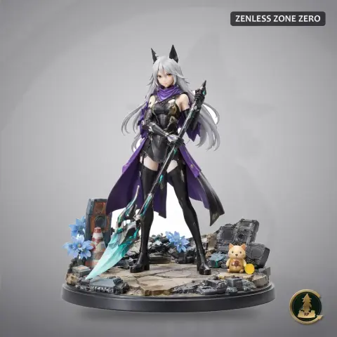 A female character with long hair, cat ears, and a purple cloak stands on a detailed base with a weapon.
