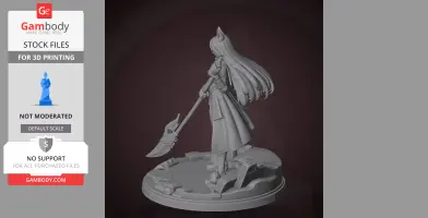 A 3D model of a long-haired figure with animal ears holding a large axe, standing on a detailed base.