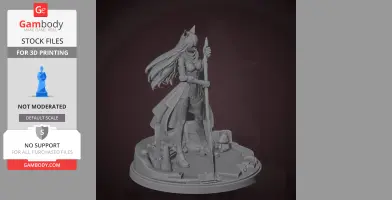 A 3D character figure with long hair, holding a staff, on a detailed base with various objects.