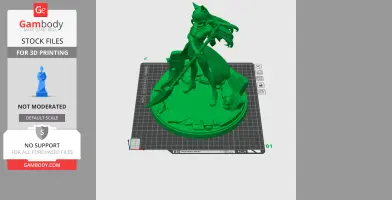 A 3D model of a character with cat ears, holding a spear, standing on a detailed base.
