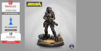 Armored figure with mask and gun on a detailed base with skull and plants, from Borderlands 4.