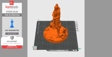 A 3D model of a character in armor holding a rifle, standing on a textured base with plants and a skull.