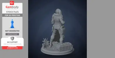 3D model of a character in tactical gear, standing on a base with plants and a crate.