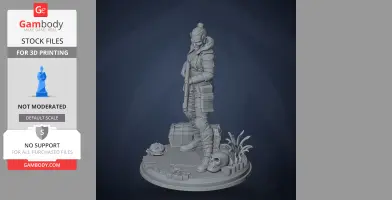 A detailed character figure in armor holding a weapon, standing on a base with plants and a skull.