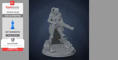 Armored character figure holding a rifle, standing on a base with a skull and plants.