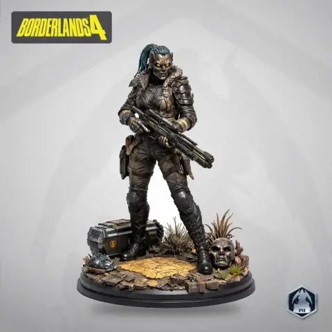 Armored character with a gun, standing on a detailed base with rocks and a skull, from Borderlands 4.