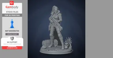 Armored character holding a rifle, standing on a themed base with crates and a skull, ready for 3D printing.