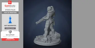 Female character with a gun, detailed outfit, standing on a decorated base with crates and plants.
