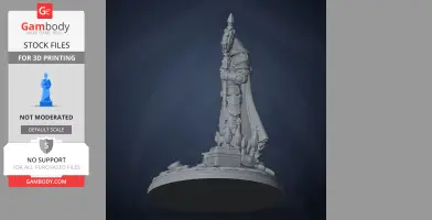 A detailed 3D model of an armored character holding a staff, standing on a decorated base.
