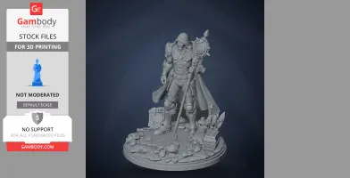 Hooded character in armor with a staff on a detailed base; 3D model for printing.