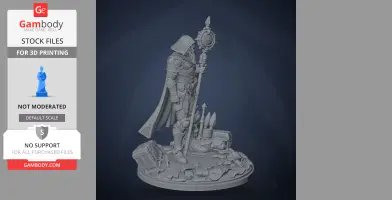 A hooded armored figure, holding a staff, stands on a detailed base with debris.