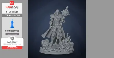 A warrior with a hood and armor holding a staff, standing on a detailed base with mechanical objects.
