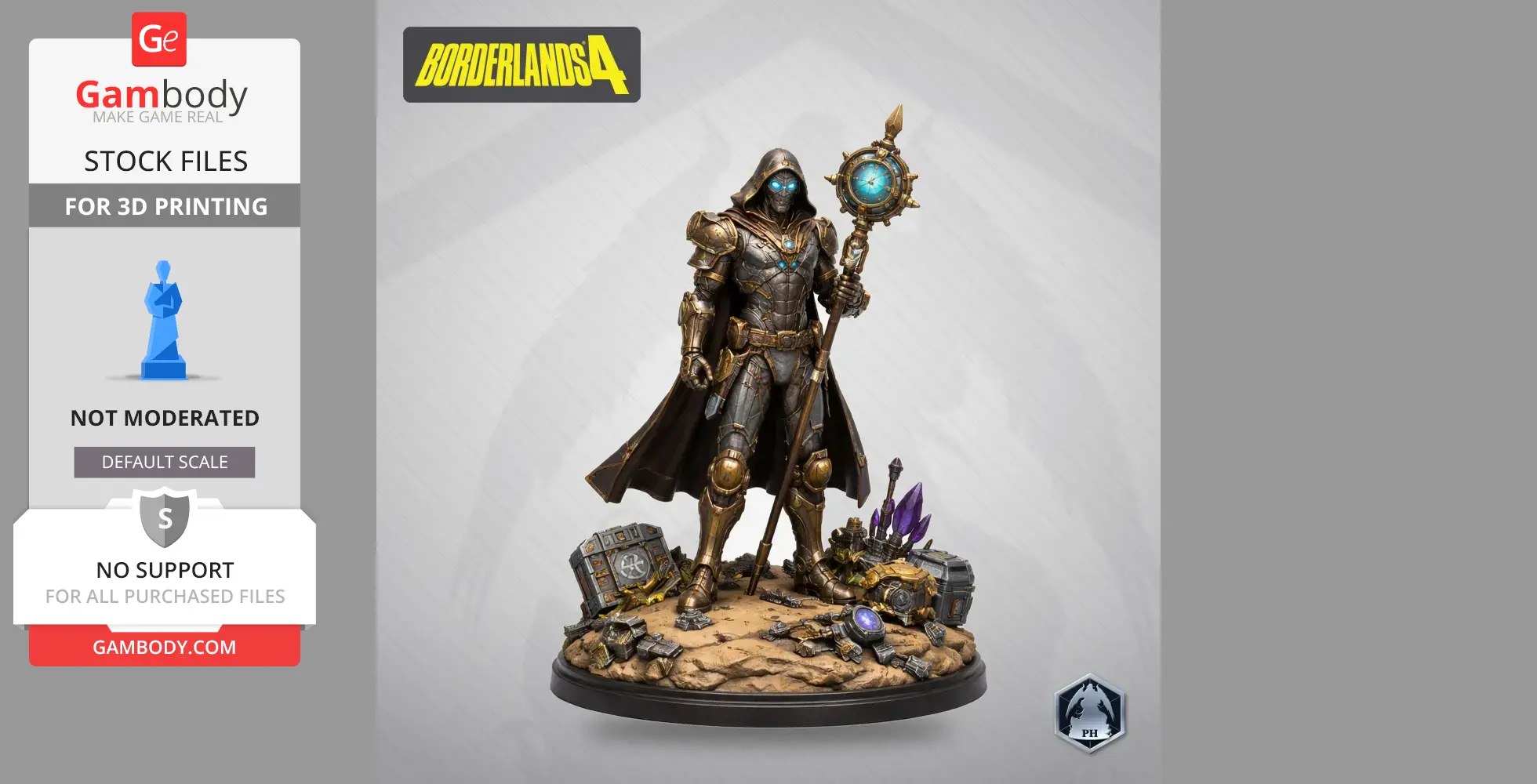 A hooded armored figure with glowing blue eyes holds a staff, standing on a detailed rocky base.