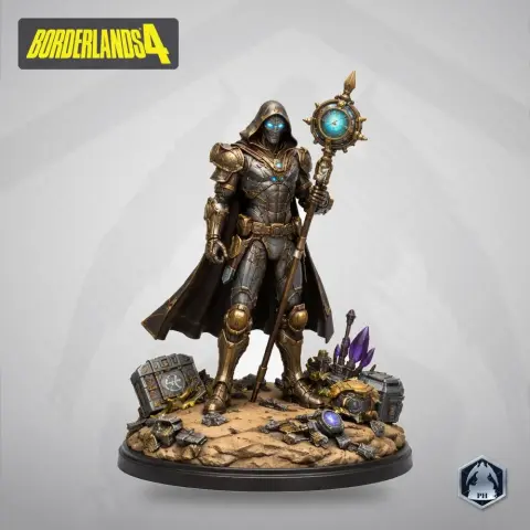 Hooded figure in armor with a staff, standing on a detailed base with debris and crystals.