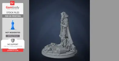 A hooded figure in armor holding a staff stands on a detailed sci-fi base with various tech objects.