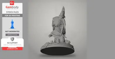 A detailed 3D figure of a hooded, armored character with a staff, standing on a decorative base.