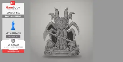 A detailed 3D figure of a hooded character with multiple horns, holding a large scythe, standing on a decorated base.