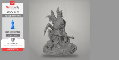 Hooded figure with multiple horns and a staff, standing on a detailed, ornamented base.
