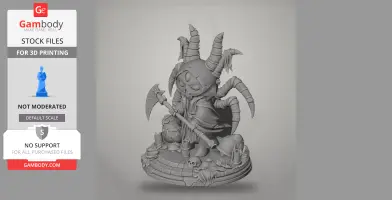 A detailed 3D model of a horned creature holding an axe, surrounded by candles and skulls on a pedestal.