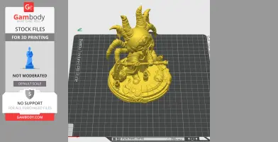 A detailed 3D model of a multi-horned character with staff, standing on a decorative base.