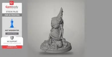 A detailed 3D model of a character with a pointed headdress, sitting amid assorted objects on a circular base.