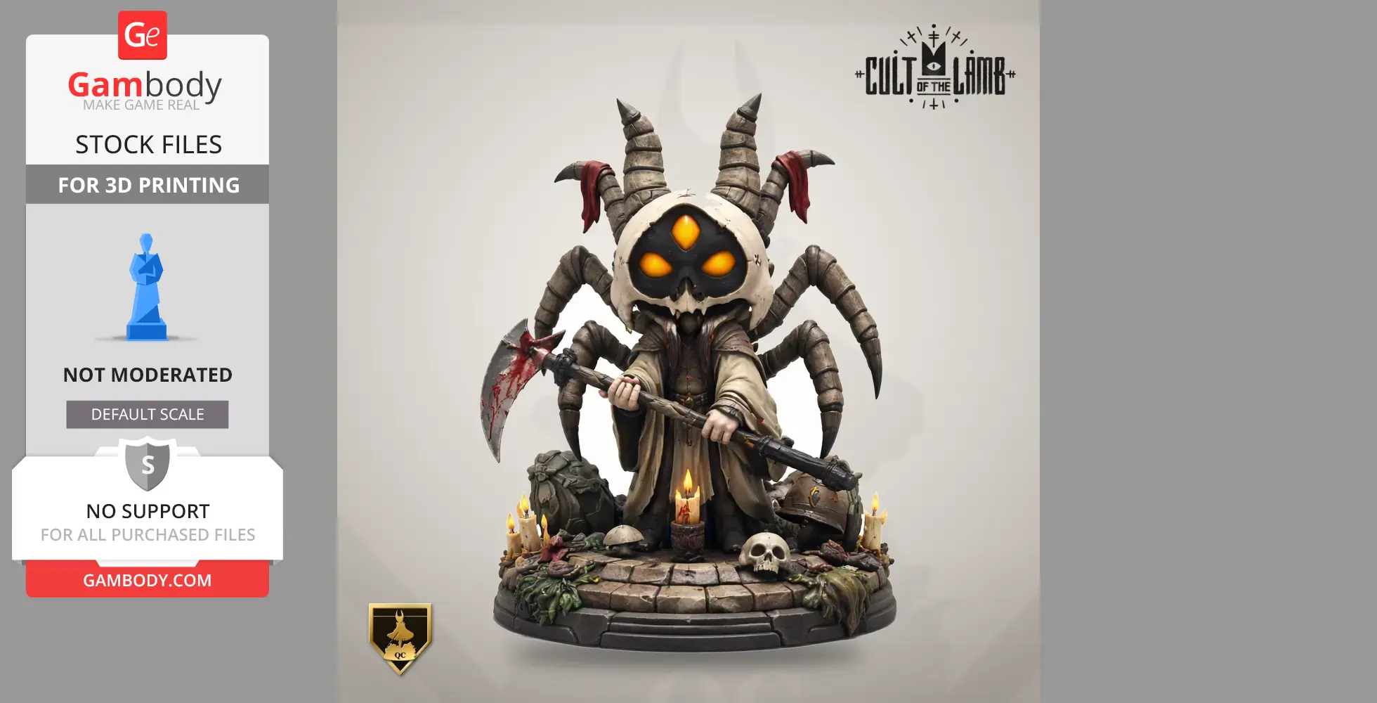 A mystical character with multiple eyes, horns, and a cloak, holding an axe, surrounded by candles and skulls.