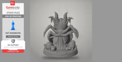 A 3D model of a robed figure with multiple curved horns, standing on a decorated circular base.