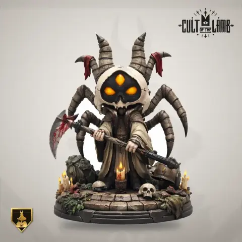 A horned, multi-eyed figure with a skull staff surrounded by candles, from Cult of the Lamb.