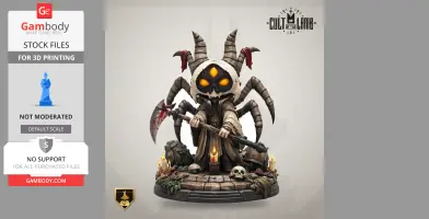 A mystical character with multiple eyes, horns, and a cloak, holding an axe, surrounded by candles and skulls.
