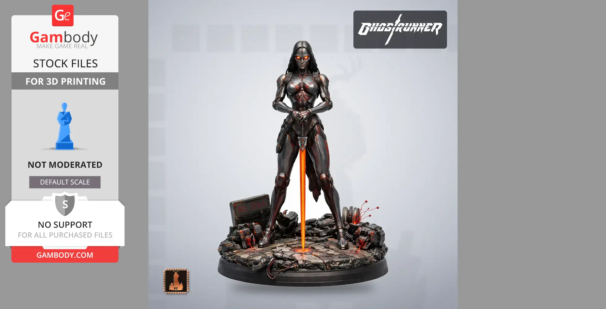 A futuristic female warrior stands on a detailed base with glowing accents and mechanical debris.