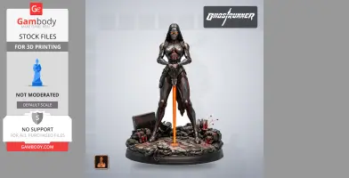 A futuristic female warrior stands on a detailed base with glowing accents and mechanical debris.