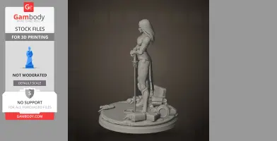 3D model of an armored female character with long hair, holding a sword, standing on a detailed base.
