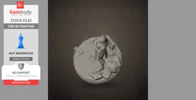 A detailed futuristic warrior figure on a circular base, holding a weapon, surrounded by debris.