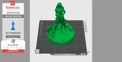 A 3D model of a cloaked figure with a sword, standing on a detailed round base.