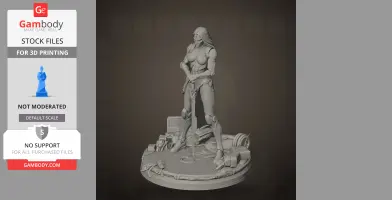 Armored female warrior standing with a sword on a detailed base, featuring sci-fi elements and debris.