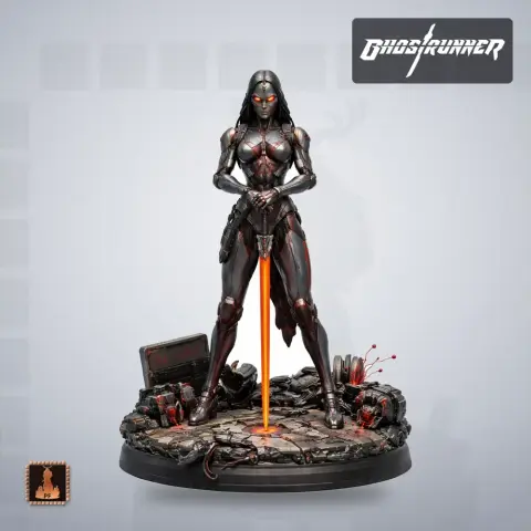 Futuristic armored character with glowing orange accents on rocky base, suitable for 3D printing.
