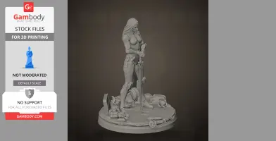 A detailed 3D model of a futuristic warrior woman standing on a base with various gears and wires.
